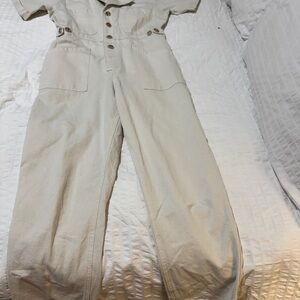 High-Waist Cream Utility Jumpsuit Pants